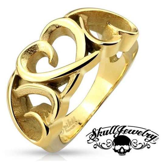 Three Hollow Heart Gold IP Stainless Steel Ring