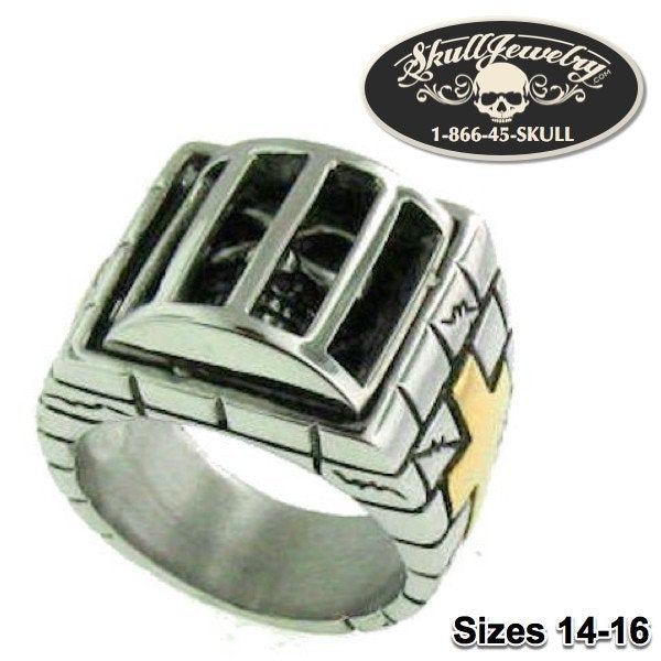 'Folsom Prison Blues' Stainless Steel Skull Behind Bars Ring (#294)