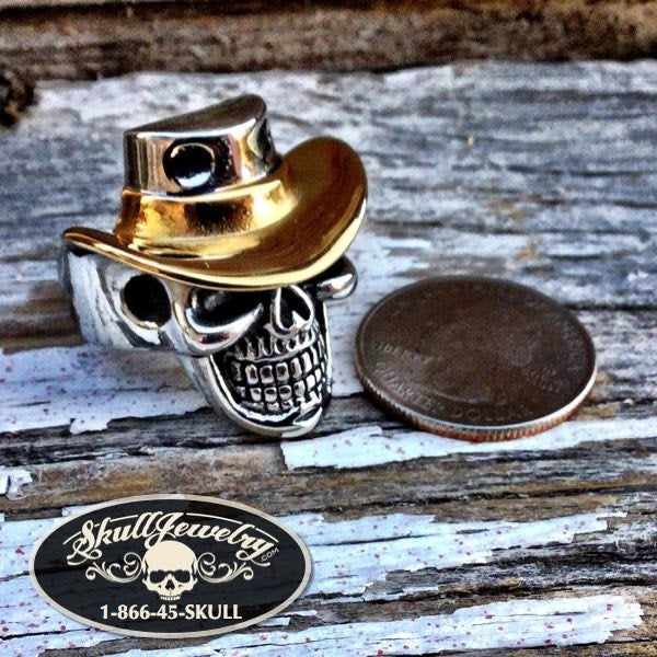 'Carry On' Gold Cowboy Hat Skull Ring - quarter comparison