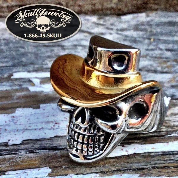 496 - 'Carry On' Gold Cowboy Hat Skull Ring