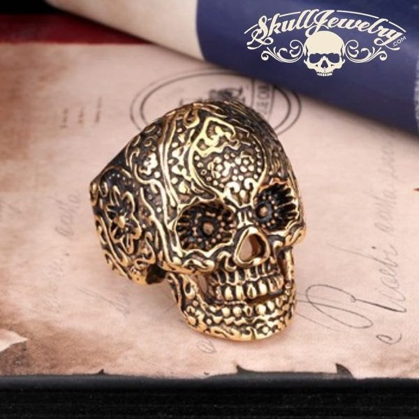 GOLD 'All Saints Day' Vintage Flower Skull Ring