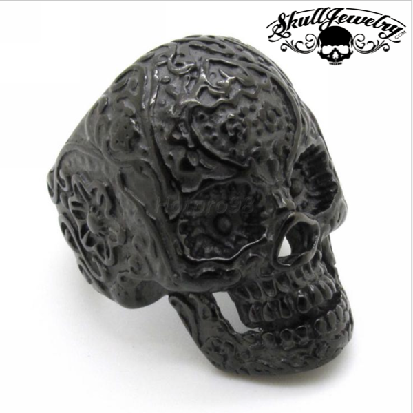 Matte Black Vintage Black Eyes Flower Skull Ring Stainless Steel (#500)