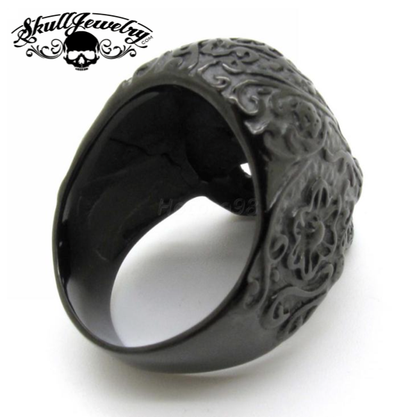 Matte Black Vintage Black Eyes Flower Skull Ring Stainless Steel (#500)