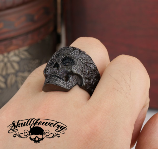 Matte Black Vintage Black Eyes Flower Skull Ring Stainless Steel (#500)