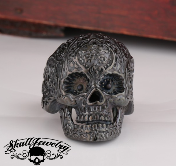 Matte Black Vintage Black Eyes Flower Skull Ring Stainless Steel (#500)