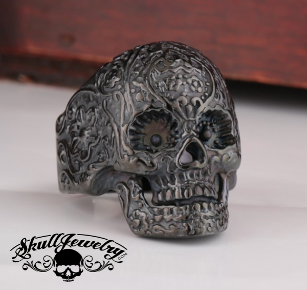 Matte Black Vintage Black Eyes Flower Skull Ring Stainless Steel (#500)