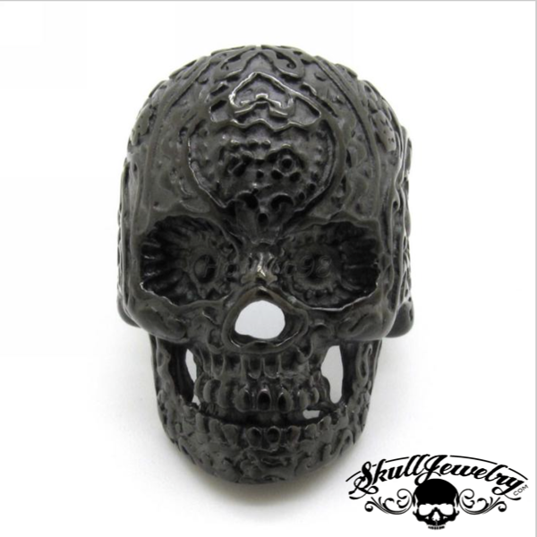 Matte Black Vintage Black Eyes Flower Skull Ring Stainless Steel (#500)