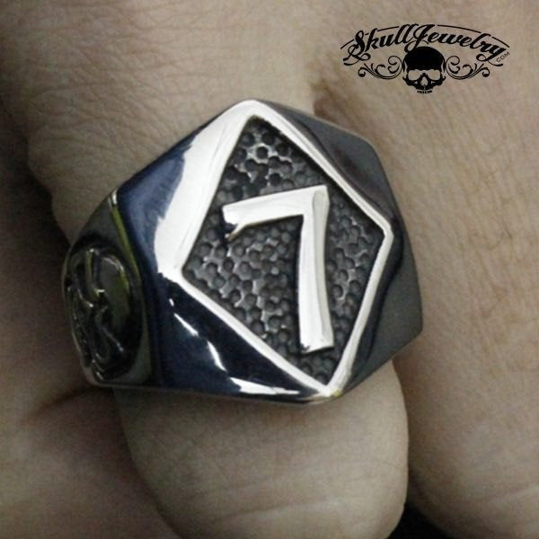 Diamond Shaped 7 Ring With Two Skulls on Sides Stainless Steel Ring