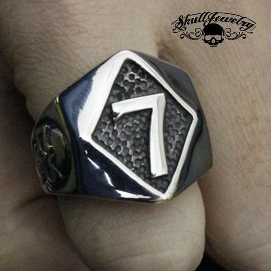 Diamond Shaped 7 Ring With Two Skulls on Sides Stainless Steel Ring