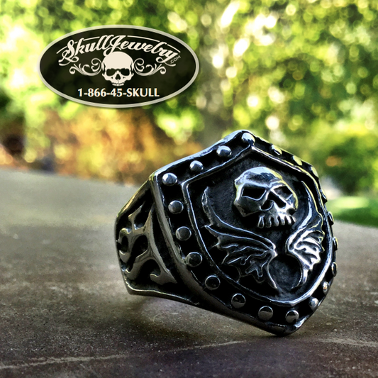 'I'm Your Shield' Skull and Wings Stainless Steel Ring