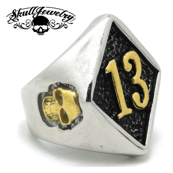 gold tone lucky #13 skull ring