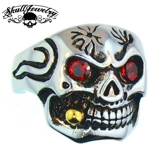 Lunatic Fringe' Skull Ring With A Gold Cigar In Mouth & Red Cubic Zirconia Eyes