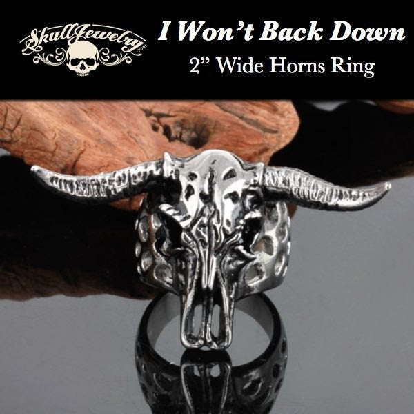 'I Won't Back Down' Big, Bold & Heavy Bull/Steer Ring w/2" Wide Horns