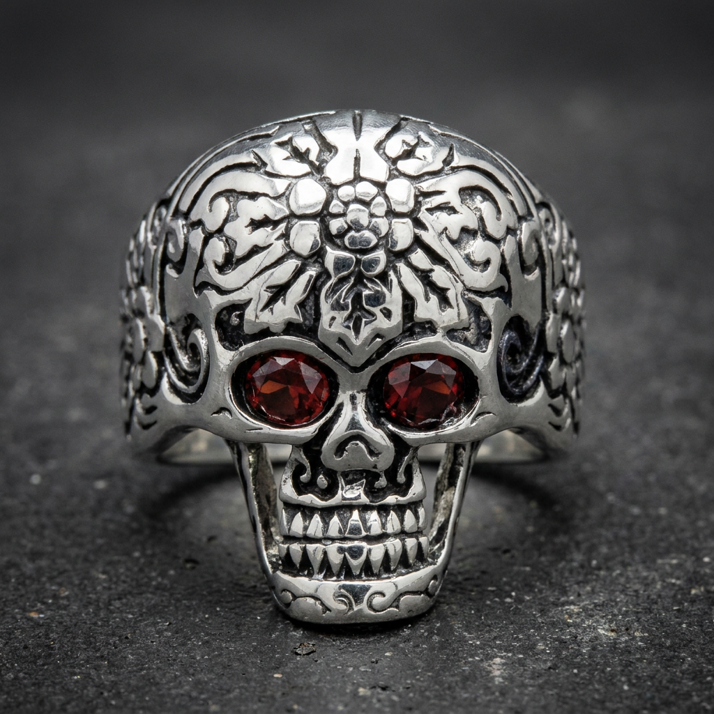 'These Eyes' Big, Bold & Heavy Skull Ring with Red Eyes alternate view, 316L stainless steel mens skull ring for bikers
