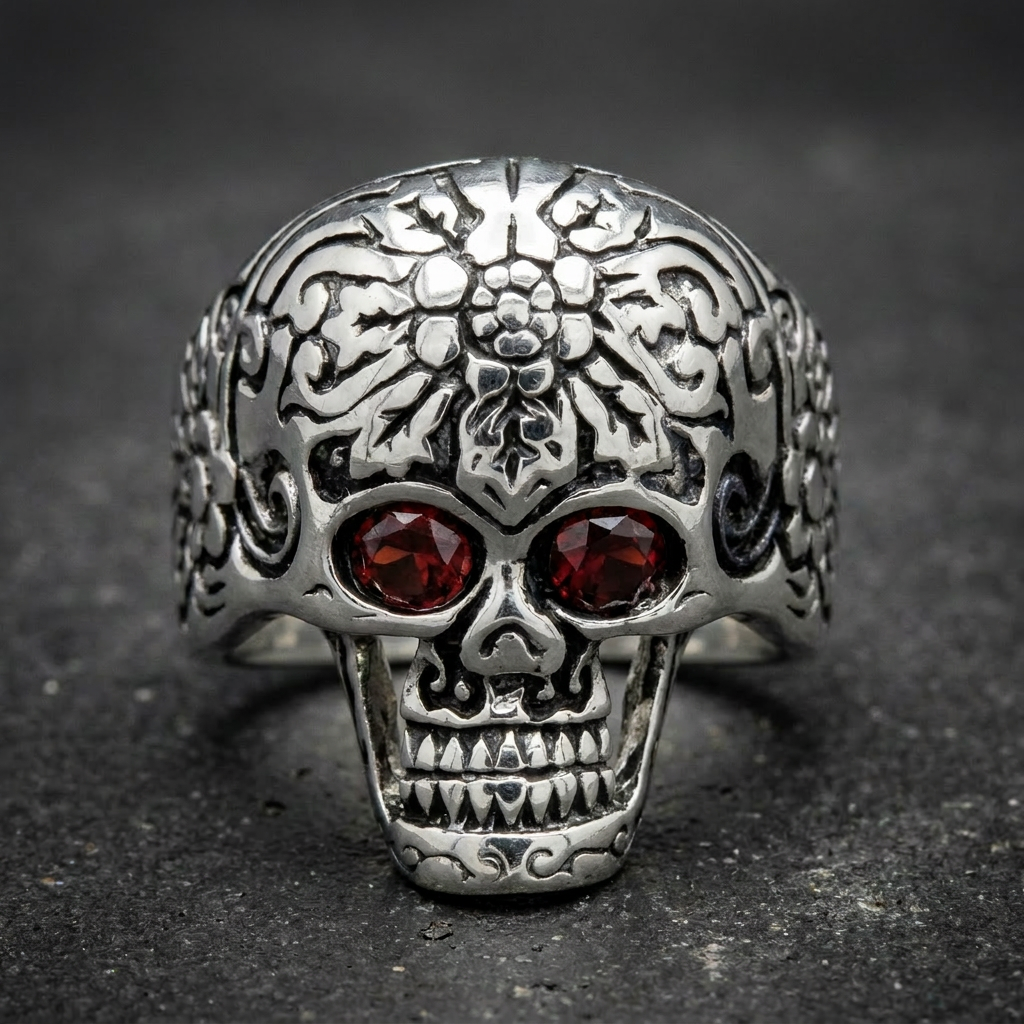 'These Eyes' Big, Bold & Heavy Skull Ring with Red Eyes, 316L stainless steel mens skull ring for bikers