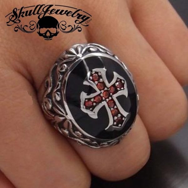 'Deus Vult!' - 'God Wills It' Christian Crusaders Soldier Ring w/Red Zircon Gemstones