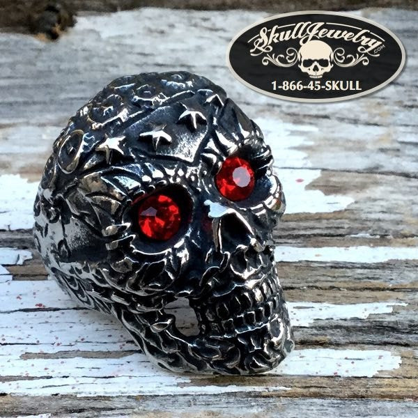 Knockin on Heaven's Door' Big, Bold & Heavy Skull Ring Red Gem Stone Eyes