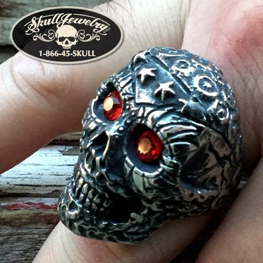 Knockin on Heaven's Door' Big, Bold & Heavy Skull Ring Red Gem Stone Eyes