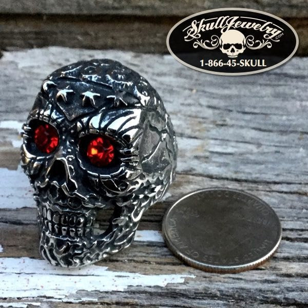 Knockin on Heaven's Door' Big, Bold & Heavy Skull Ring Red Gem Stone Eyes