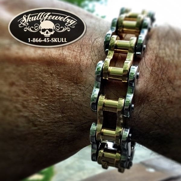 8-1/2" x 3/4" Gold-Tone/Stainless Steel Motorcycle Bracelet