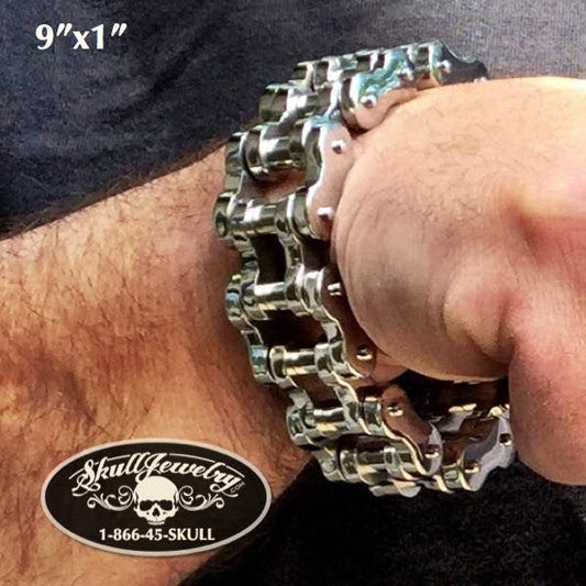 9" x 1" Stainless Steel Motorcycle Chain Bracelet - Big, Bold & Heavy