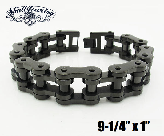 9-1/4" x 1" BLACK Stainless Steel Motorcycle Bracelet - our biggest, heaviest black motorcycle bracelet