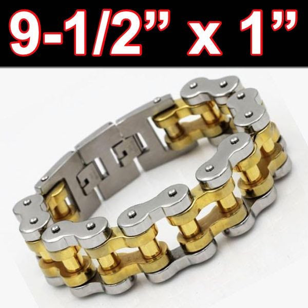 9-1/2" x 1" Gold & Silver Tone Stainless Steel Motorcycle Bracelet