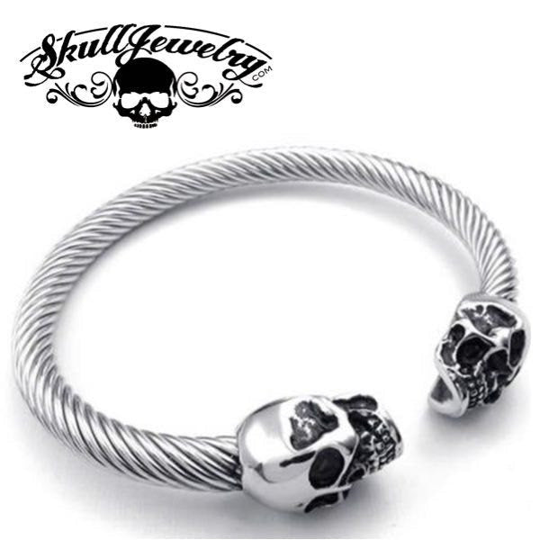 9" Black Steel Cable Bracelet with Double Skulls and White Gem Stone Eyes