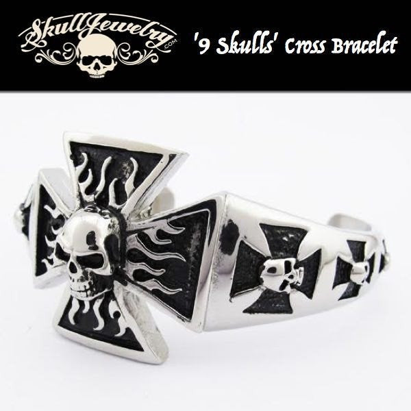 '9 Skulls' Cross Bangle Bracelet