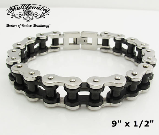 9" x 1/2" Two-Tone Black & Silver Biker Chain Bracelet (#860)