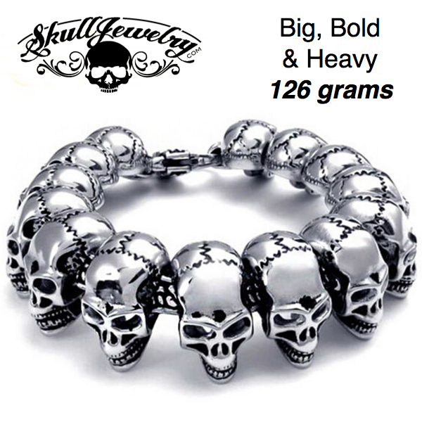 'Go Your Own Way' Big, Bold & Thick Stainless Steel 14 Skulls Bracelet