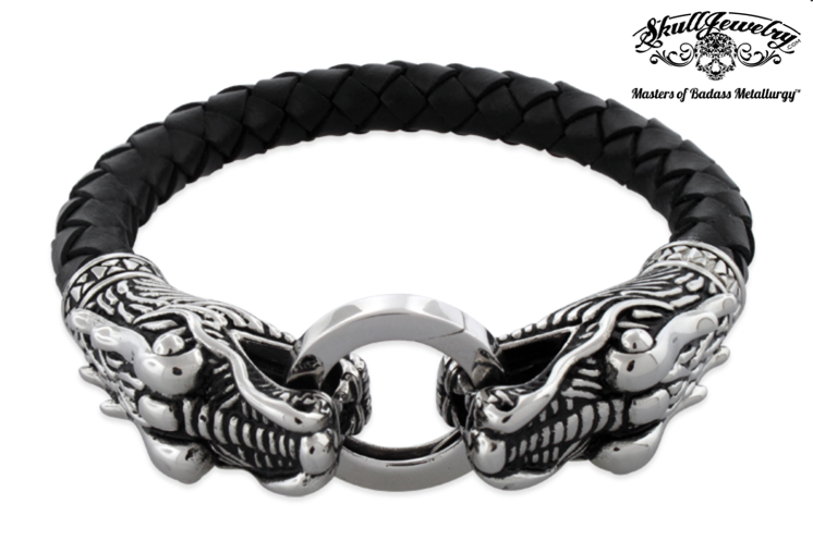 Double Dragon Leather & Stainless Steel Bracelet