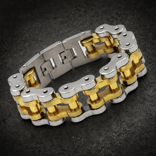 9-1/2" x 1" Gold & Silver Tone Stainless Steel Motorcycle Bracelet (806XXXL) - 316L stainless steel unisex jewelry (BRACEL…