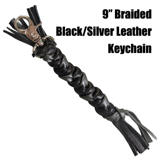 9” Braided Black/Silver Leather Keychain (#kc018)