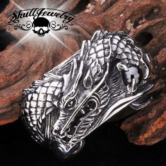 Big, Bold & Heavy Dragon Bangle Bracelet w/Red Orb (#926)