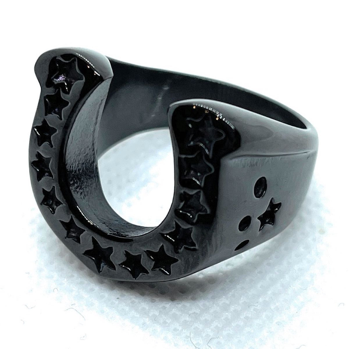 Black Big, Heavy & Bold Lucky Horseshoe Medallion Ring with Stars (#528)