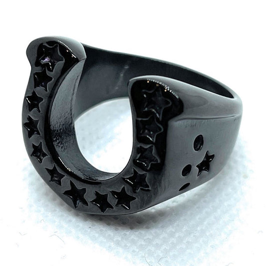 Black Big, Heavy & Bold Lucky Horseshoe Medallion Ring with Stars (#528)