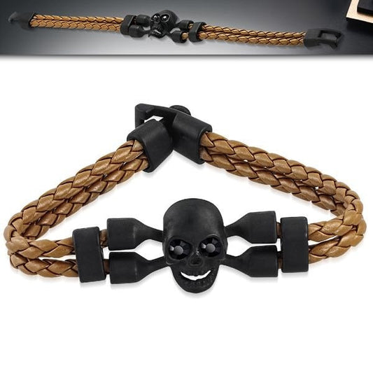 Brown & Black Skull Crossbone Leather Bracelet 