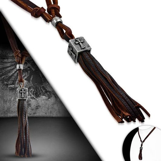 Brown leather Tassel Adjustable Necklace