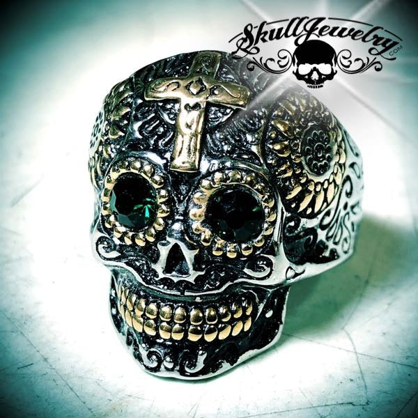 Emerald Green Eyes "El Dios Sol" Son God Skull Ring (726green)