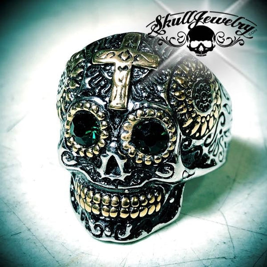 Emerald Green Eyes "El Dios Sol" Son God Skull Ring (726green)
