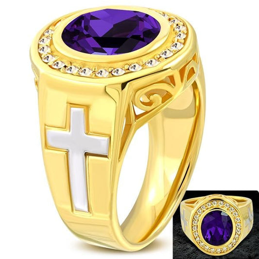 Size #06 - Gold-Tone Cross Stainless Steel Ring w/Stones (#c090)