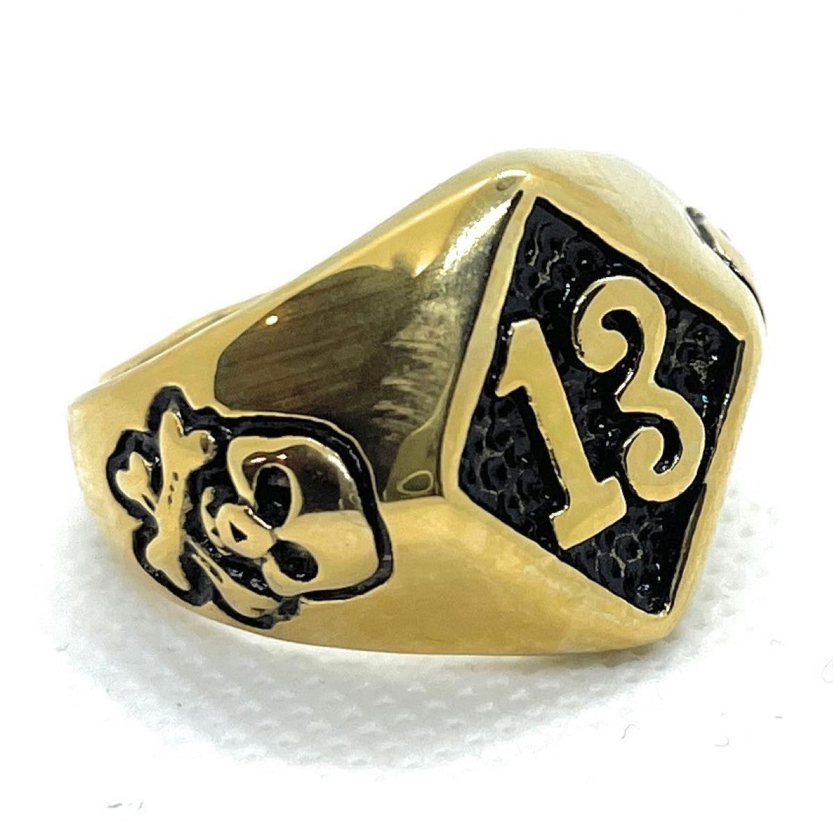 Gold-Tone Diamond Shaped 13 Ring with Two Skulls on Sides Stainless Steel Ring