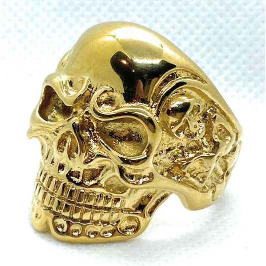 'Gold-Tone' Heavy Biker Skull Ring With Side Skeletons (010Gold)