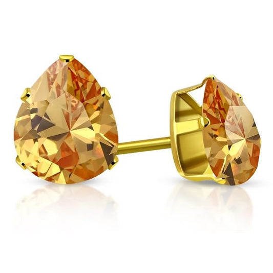 Gold Plated Stainless Steel Prong-Set Pear/ Teardrop Stud Earrings W/ Topaz CZ 