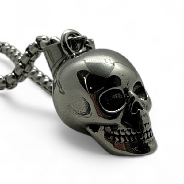 Grim Cast Skull Pendant – Polished 3D Stainless Steel Skull