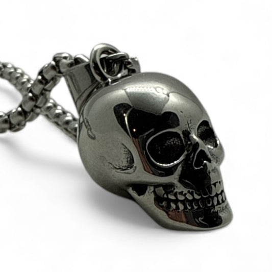 Grim Cast Skull Pendant – Polished 3D Stainless Steel Skull