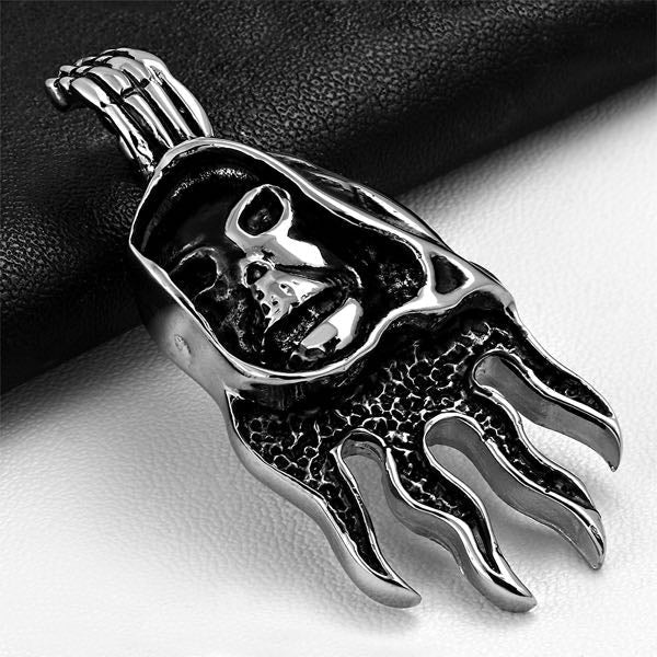 Grim Reaper on Fire Skull Pendant with invisible bail