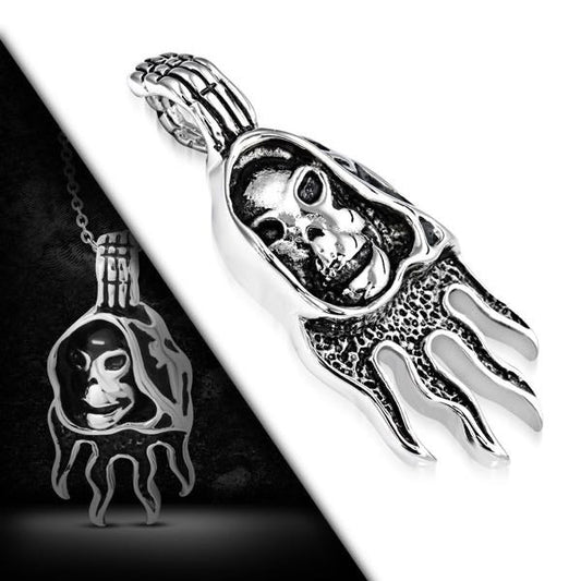 Grim Reaper on Fire Skull Pendant with invisible bale