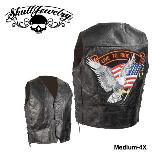 Hand-Sewn Pebble Grain Genuine Leather Biker Vest w/American Flag Patch